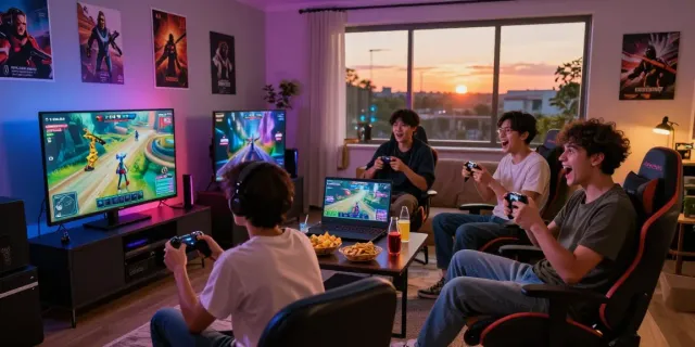 Nhóm bạn đang chơi game trên nền tảng F168 trong không gian phòng đầy màu sắc, thể hiện sự hồi hộp và tương tác.
