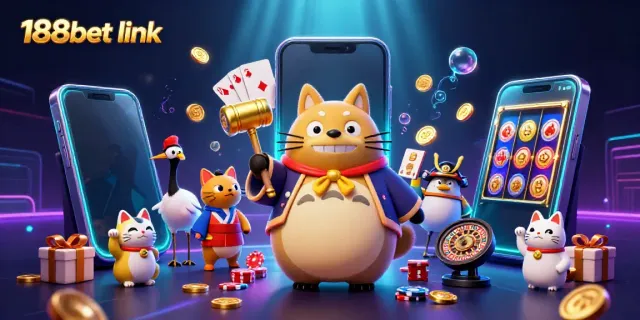 Engage with the vibrant 188bet link scene featuring a cheerful tanuki and colorful slot games.