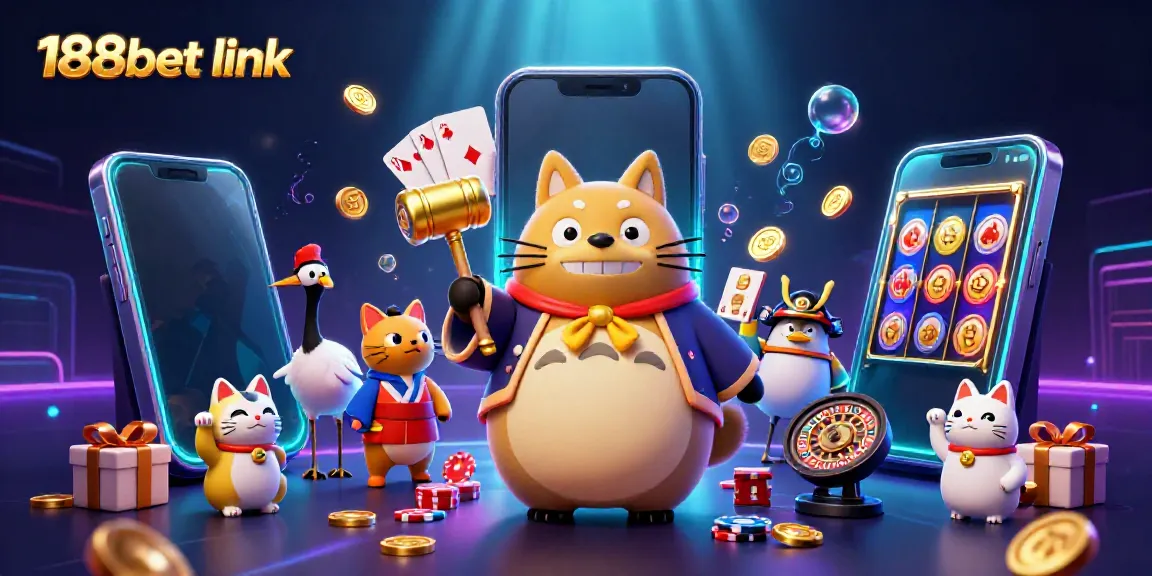 Engage with the vibrant 188bet link scene featuring a cheerful tanuki and colorful slot games.