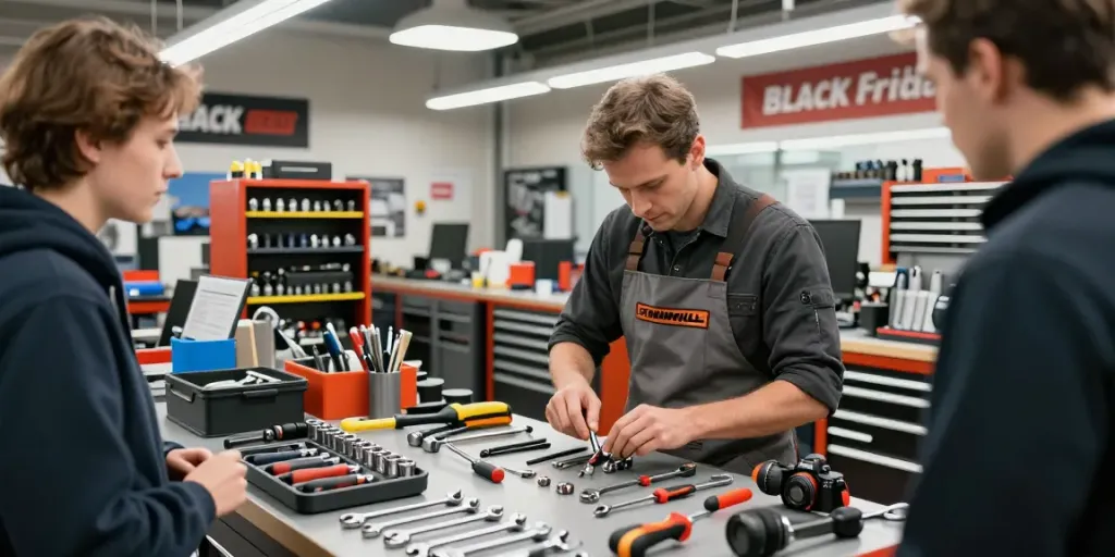 Imagen de un taller automotriz con herramientas Stahlwille durante el Black Friday, resaltando la calidad de los productos.