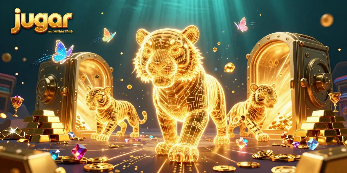 Jugar casino online Chile: tigre dorado y elementos brillantes en un casino virtual vibrante.