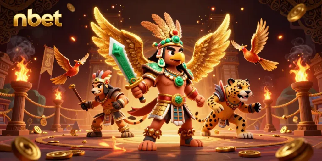 Engage in dynamic casino battles with nbet, featuring an Aztec warrior and golden treasures.