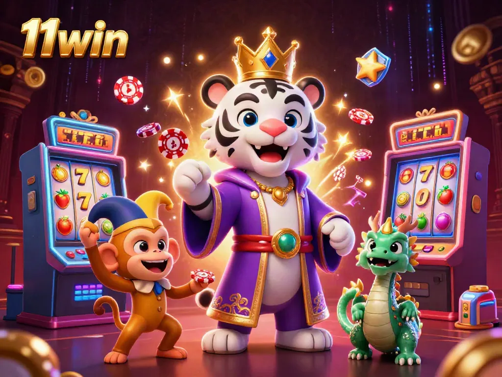 Engaging casino scene featuring 11win's vibrant characters, sparkling slot machines, and energetic gameplay elements.