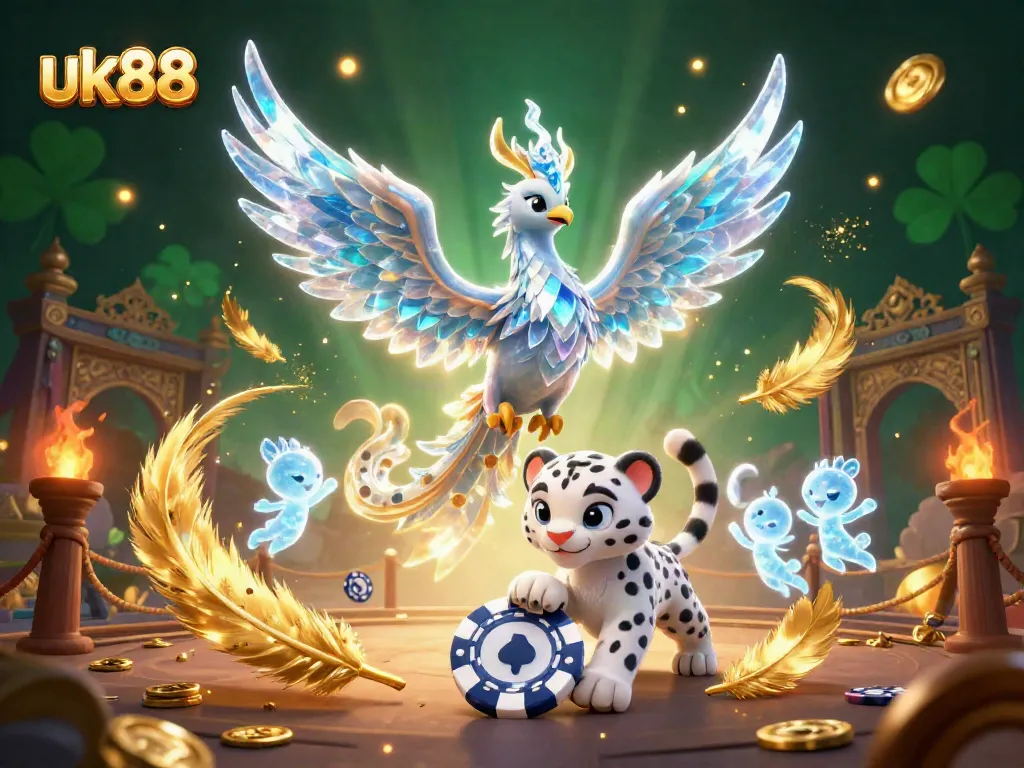 Experience thrilling moments with uk88, a whimsical scene featuring an ice phoenix, snow leopard cub, and glowing sprites amidst vibrant casino elements.