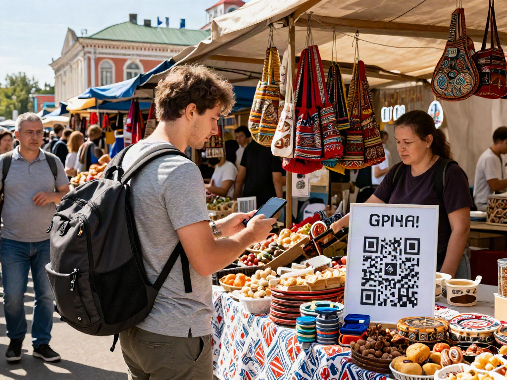Pago digital conveniente en Rusia con https://payinrussia.com/ en un mercado vibrante, mostrando a un turista usando su smartphone.