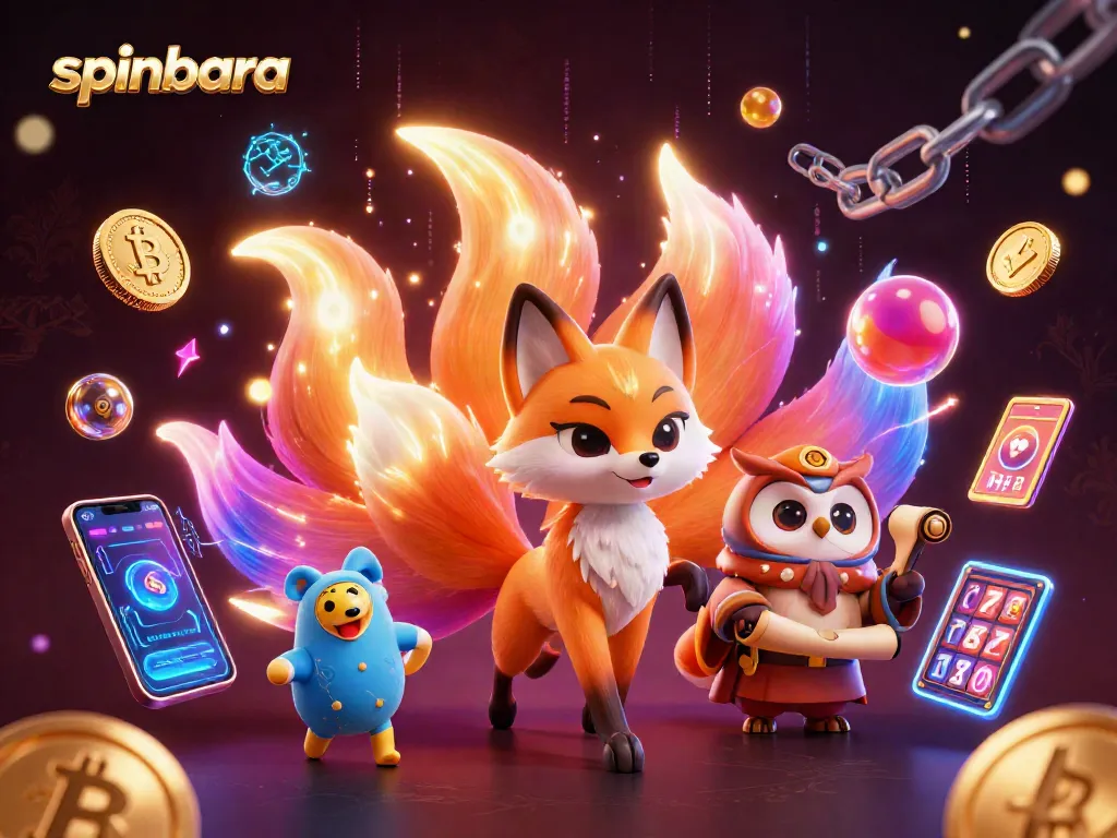 Experience spinbara with a magical scene of a glowing nine-tailed fox, cryptocurrency coins, and slot elements.